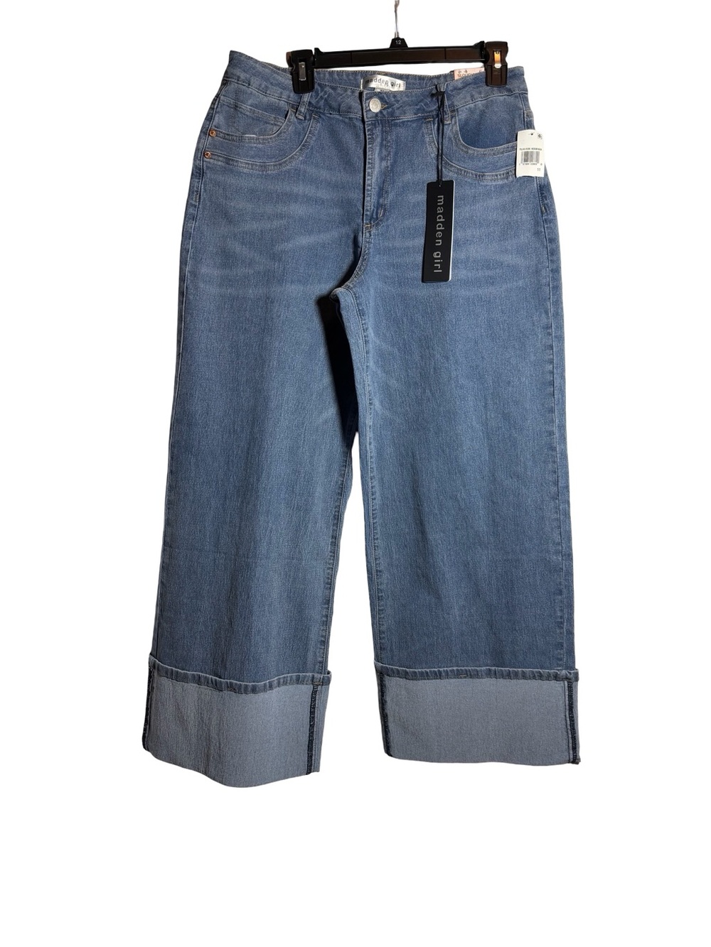 Light Blue Wide Leg Cuff Jeans with Bows Embrod Strechy - Madden Girl Runs Big - Picture 3 of 5